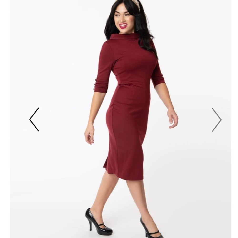Unique Vintage Burgundy Long Sleeve Dress